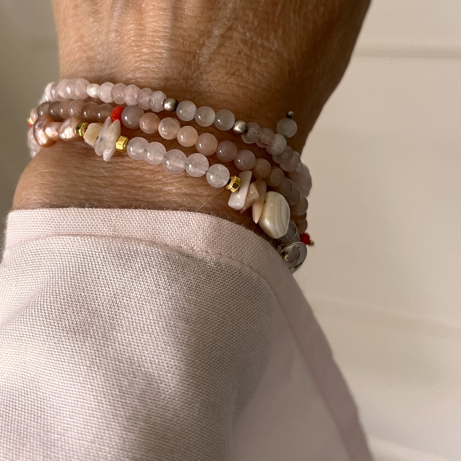 Armband Pink Pearls, roze parel, rozekwarts