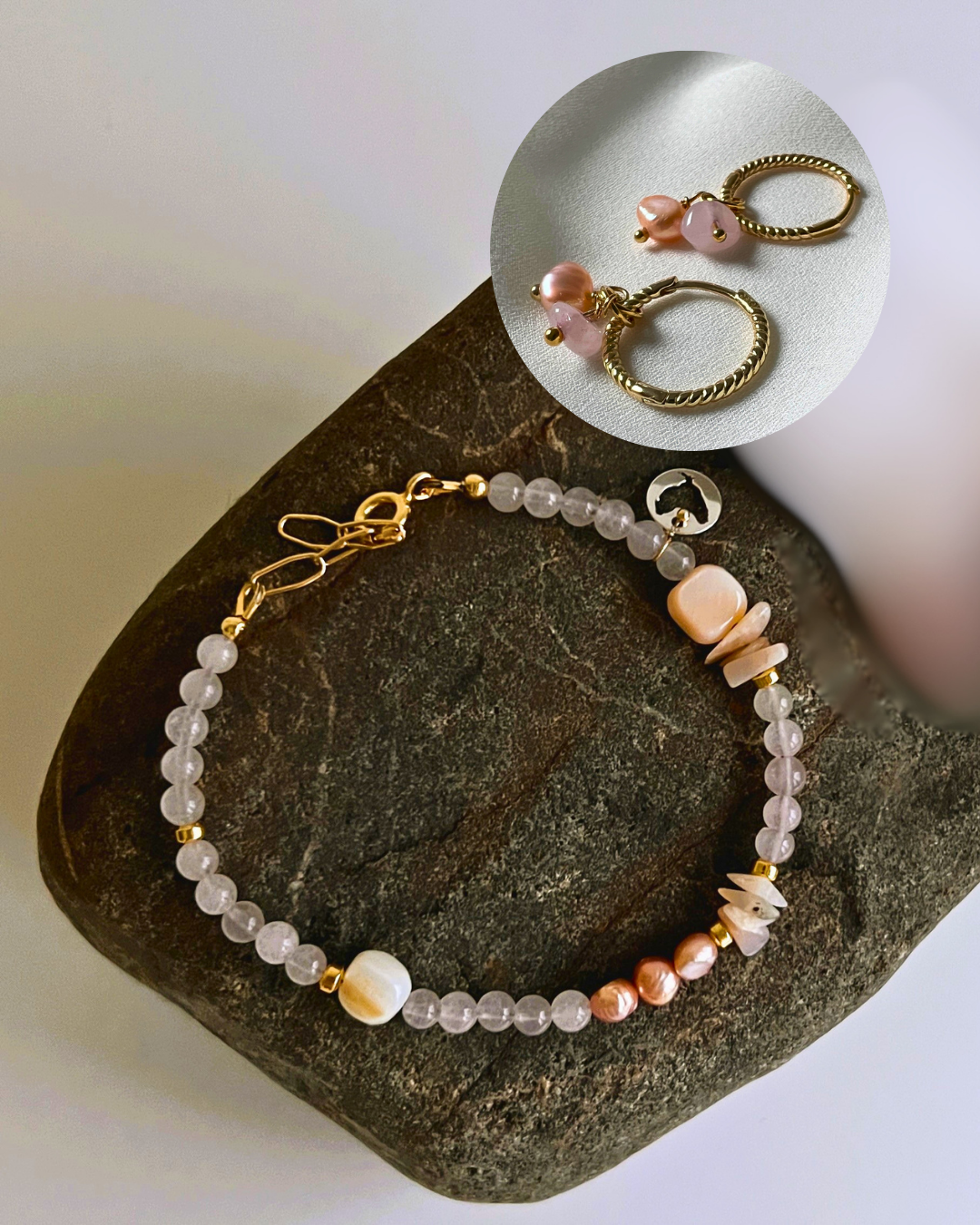 Set Armband & oorbellen Fresh Roses, roze parel, rozekwarts