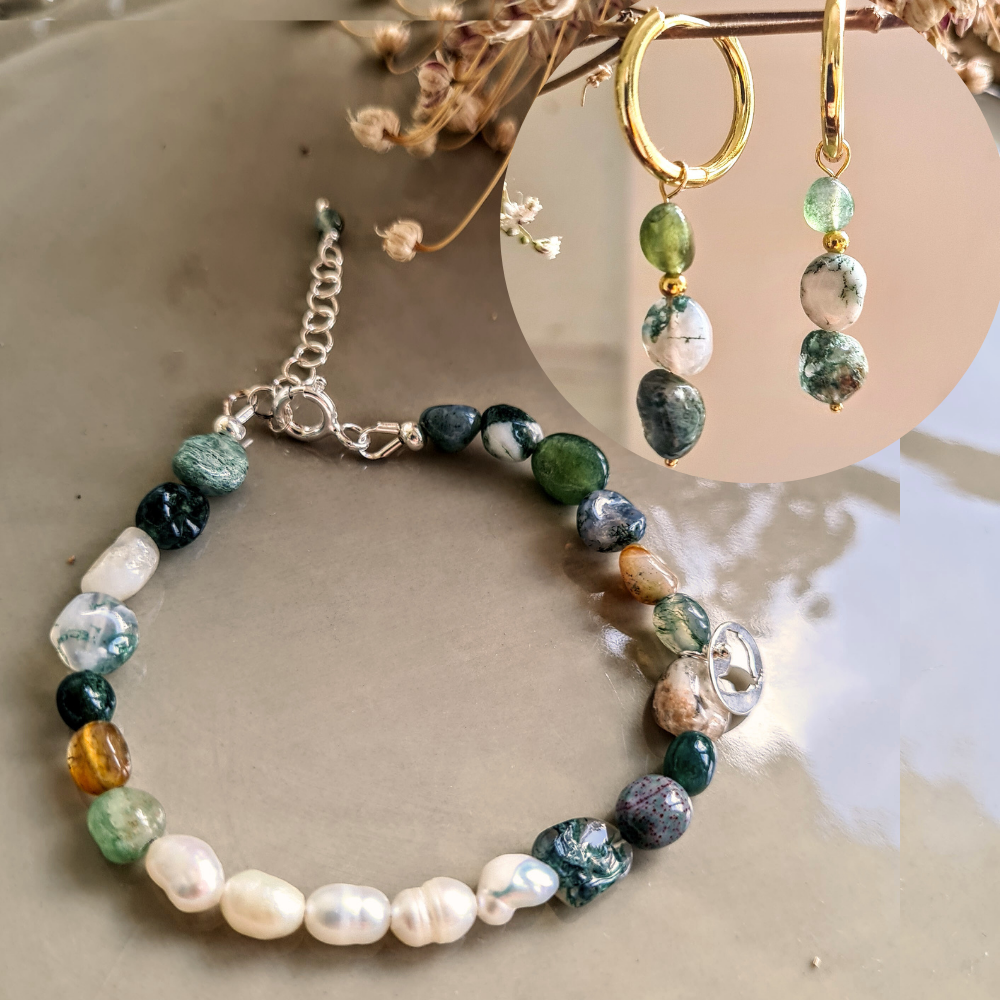 Set Armband & Oorbellen Hidden Emotions, parel, mos agaat