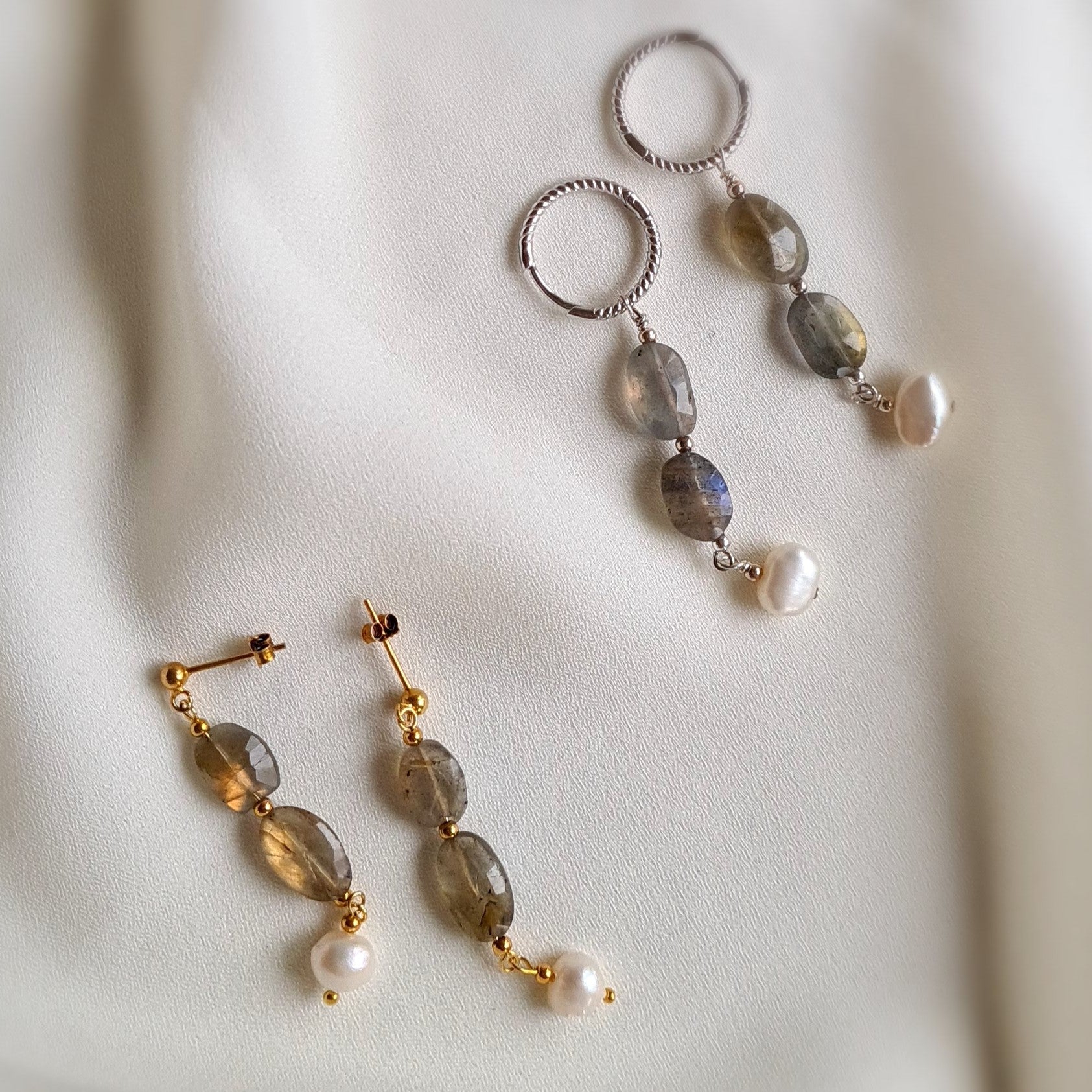 Oorbellen So True, labradoriet, parel