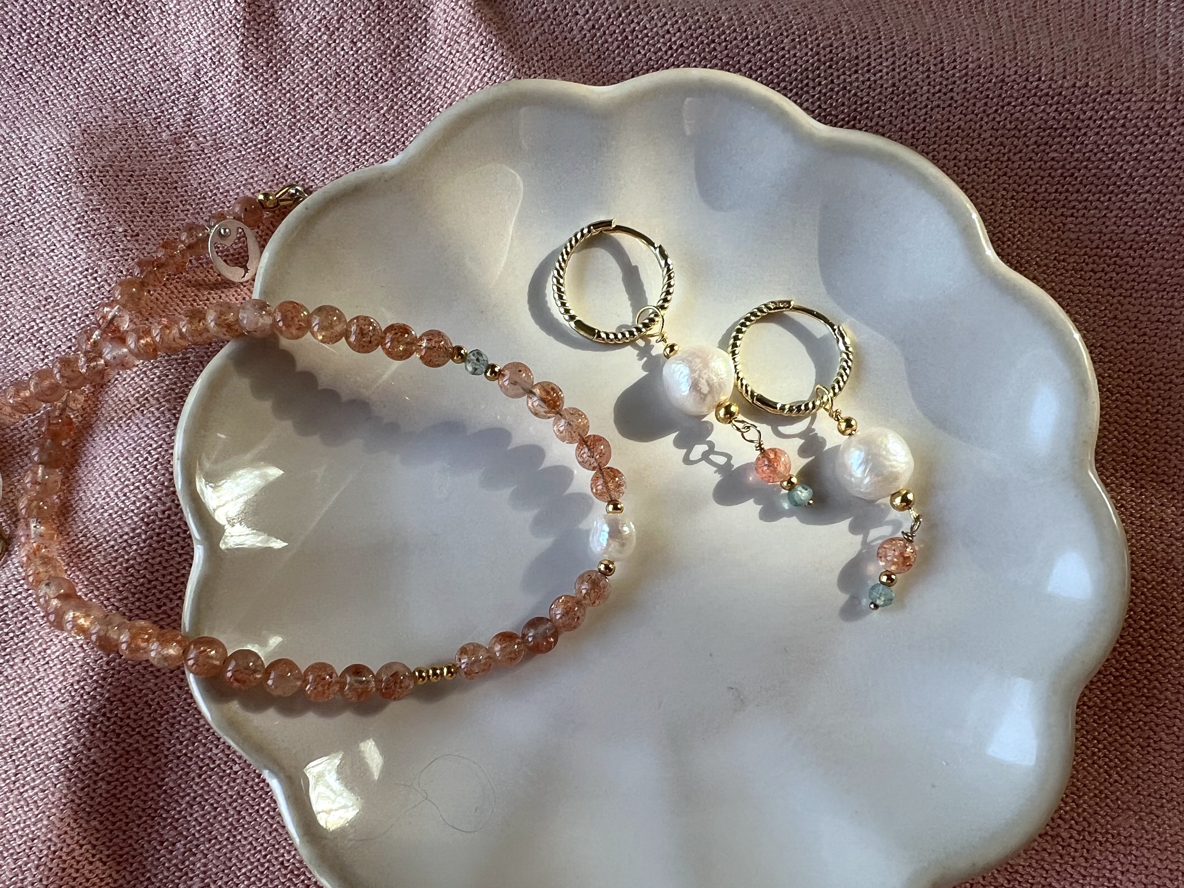 Set oorbellen & ketting Sunshine, zonnesteen, parel