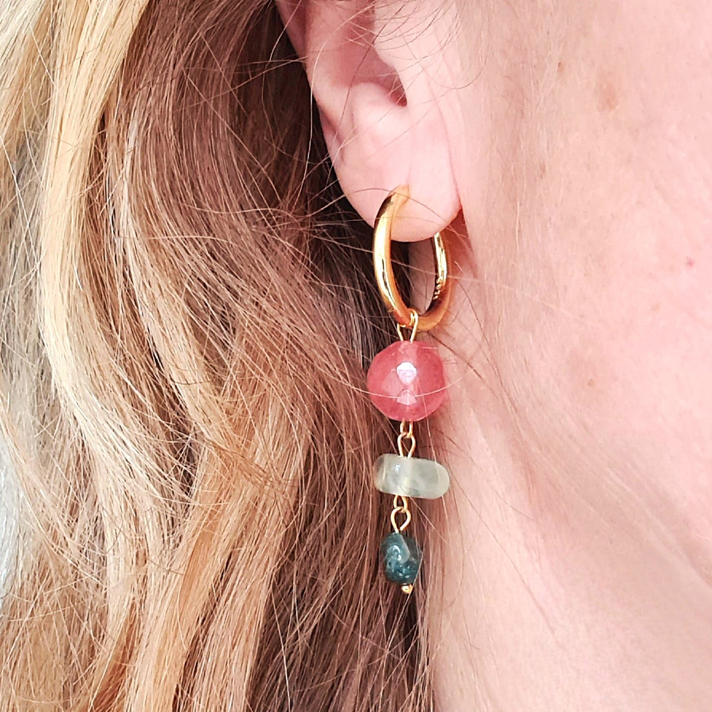 Oorbellen Tender Feelings, roze watermeloen toermalijn, mos agaat