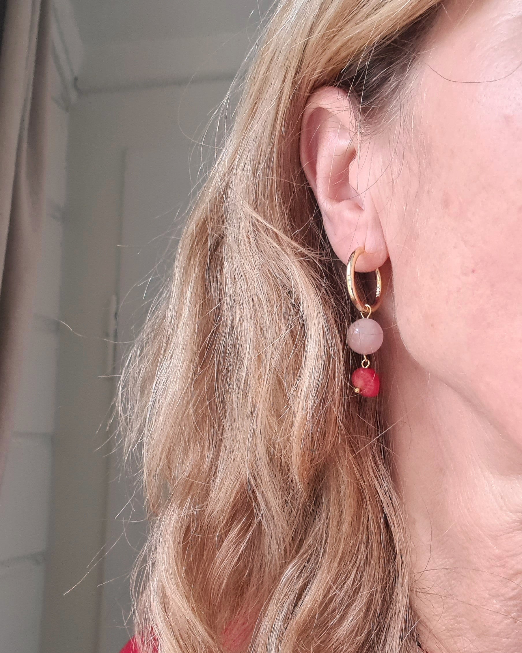 Oorbellen Sweet Love, rozekwarts, rood koraal