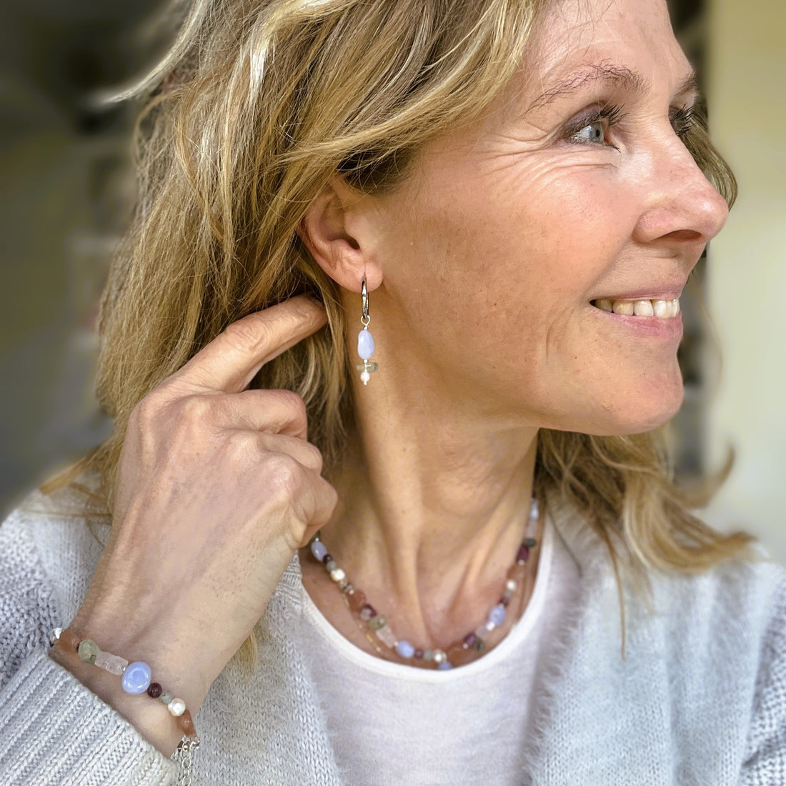 Oorbellen Blue Whisper, aqua chalcedoon, prehniet