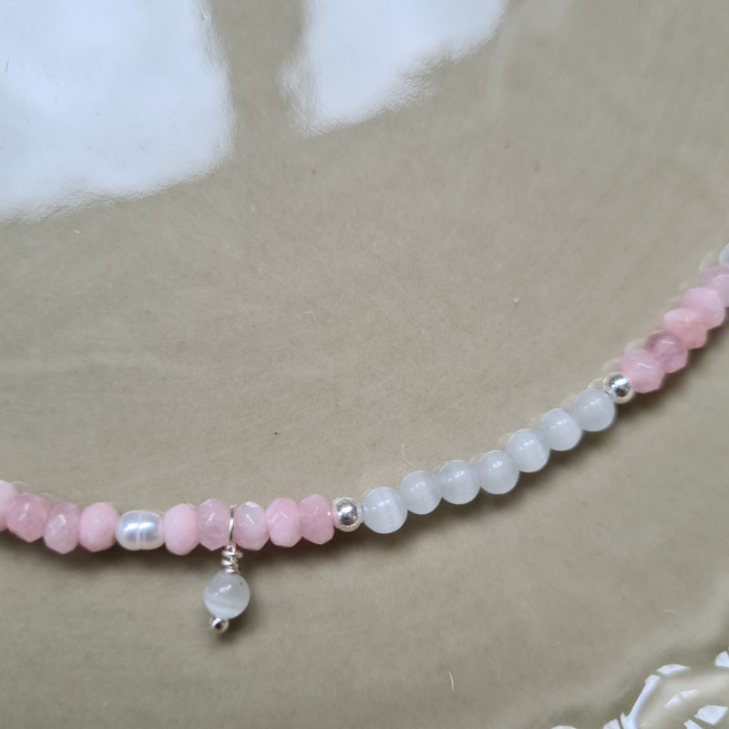 Ketting Pink Blossom, jade, parel, wit kattenoog