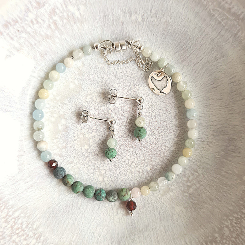 Set Armband  & oorstekers Fresh Cherry, aquamarijn