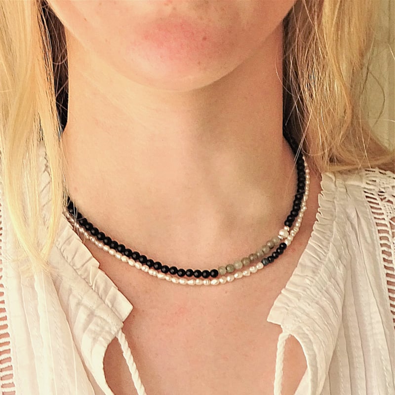 Ketting Fancy, onyx, parel en labradoriet