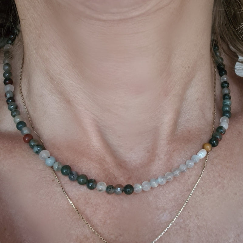 Ketting Misty, heliotroop, labradoriet, parel