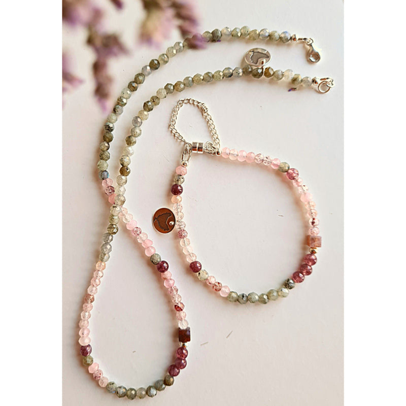 Ketting Perhaps, lepidoliet, rozekwarts en labradoriet