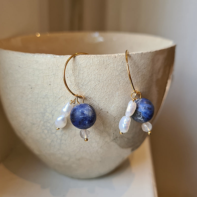 Oorbellen Blue Sisters, parel, rookkwarts