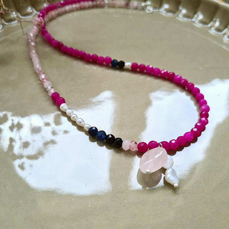 Ketting Sabine , jade, parel en rozekwarts