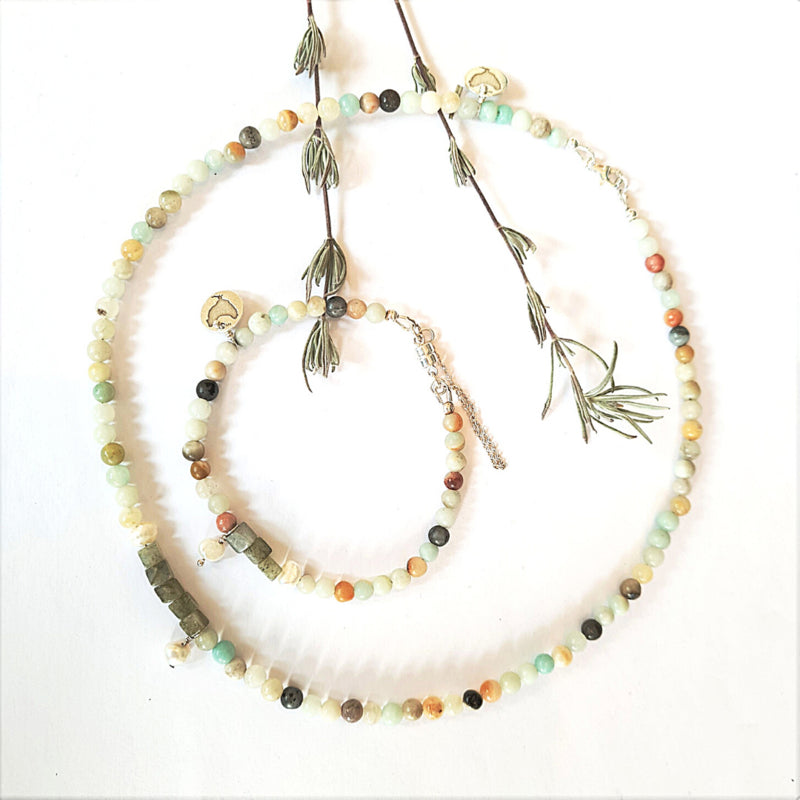 Set Ketting & Armband Liefde & Vriendschap, amazoniet, labradoriet, parel