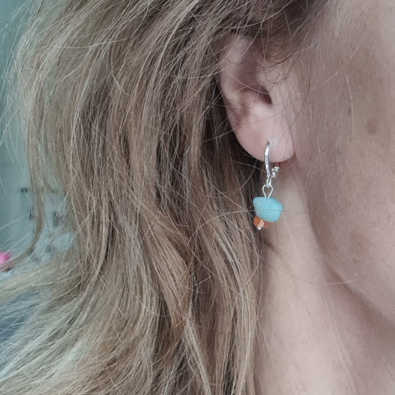 1 Oorring Blue River, amazoniet en oranje agaat