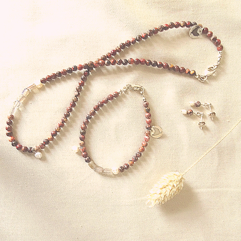 Set Ketting & Armband Pink Leopard, luipaard jaspis, parel en labradoriet