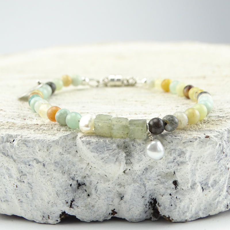 Set Ketting & Armband Liefde & Vriendschap, amazoniet, labradoriet, parel