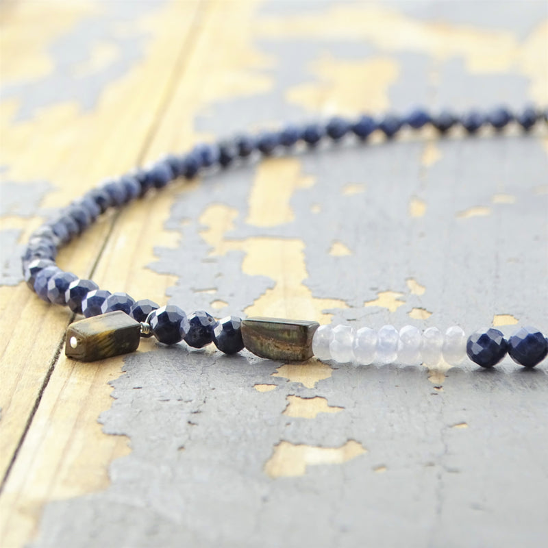 Ketting City Blues, saffier, agaat, tijgeroog