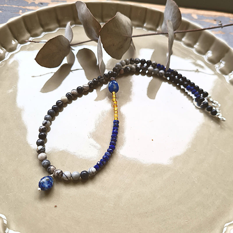 Ketting Shabby Blue, zebra jaspis, lapis lazuli, amber