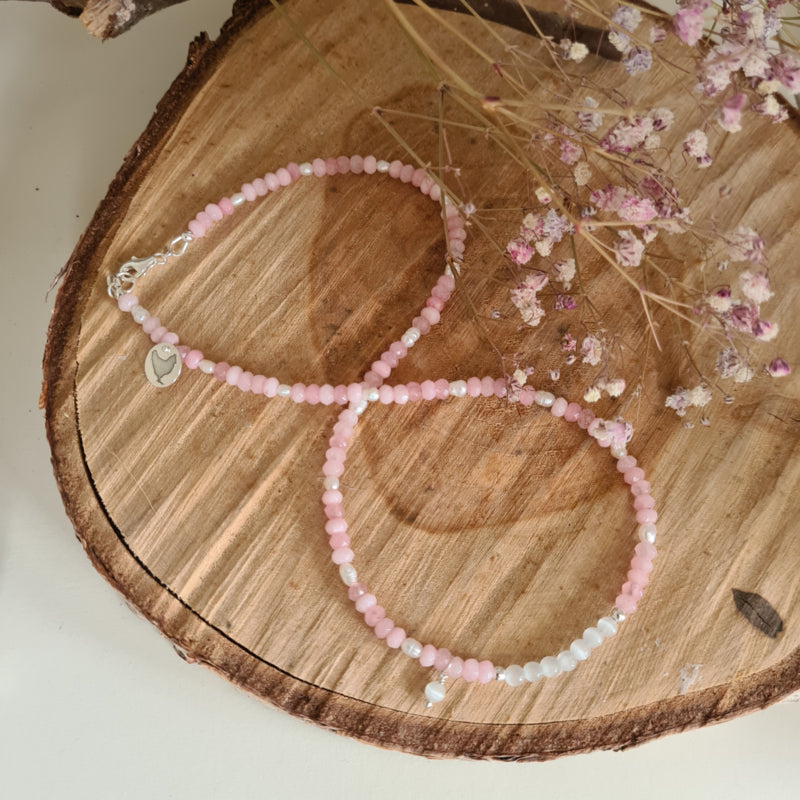 Ketting Pink Blossom, jade, parel, wit kattenoog