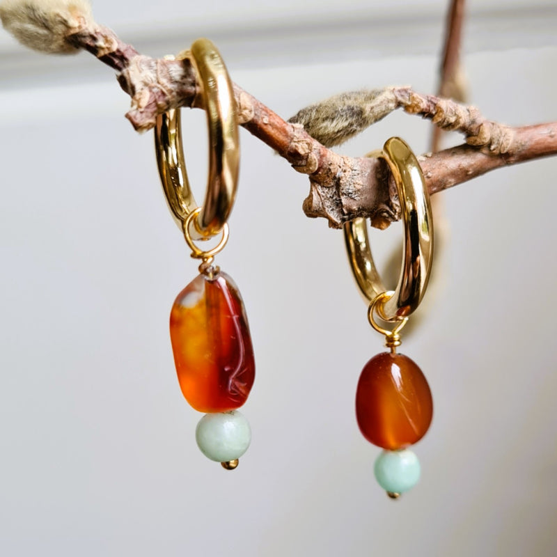 Oorbellen Golden Esther, carneool, amazoniet