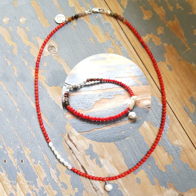 Set: Armband & Ketting Grace, parel en koraal