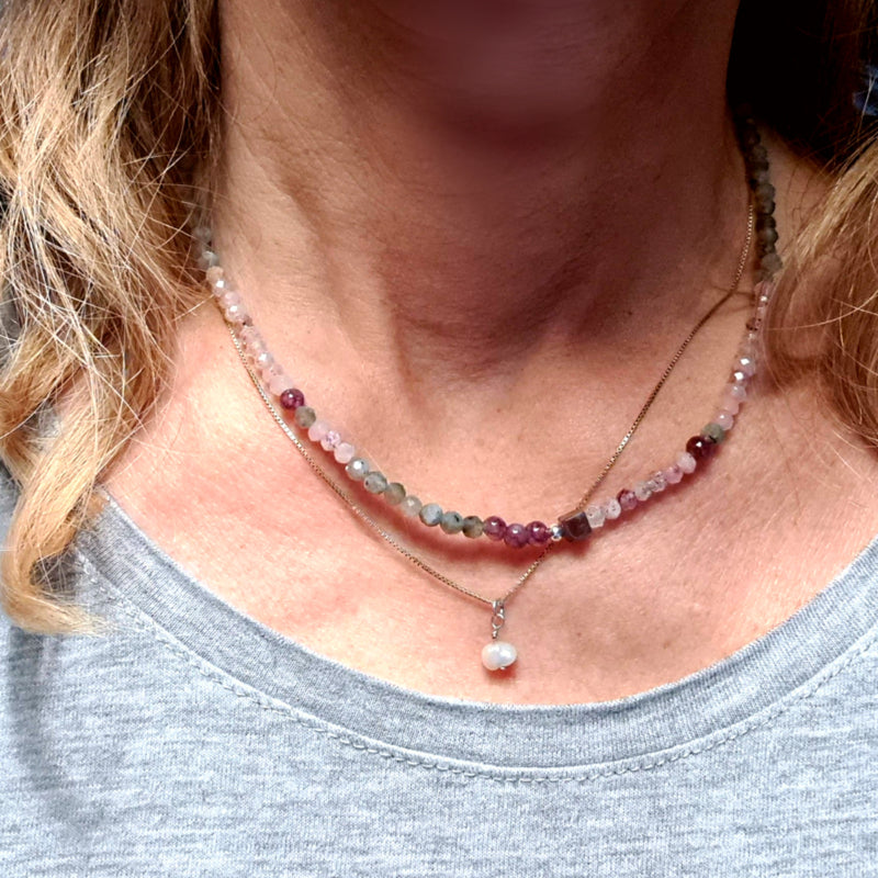 Ketting Perhaps, lepidoliet, rozekwarts en labradoriet