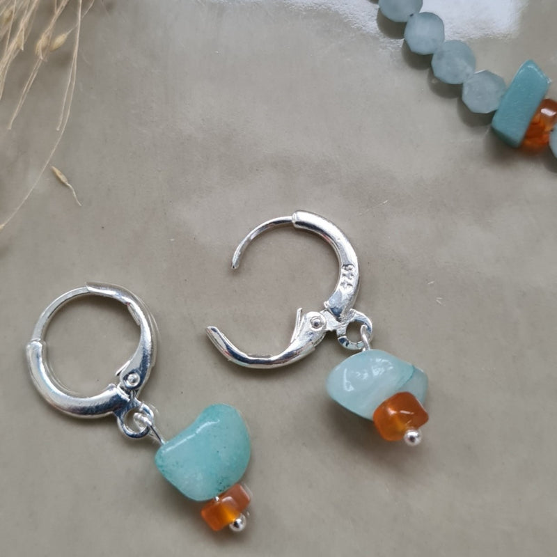 1 Oorring Blue River, amazoniet en oranje agaat