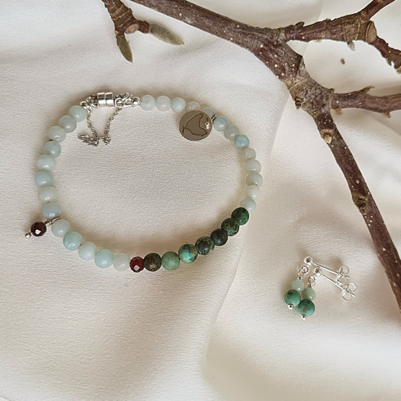 Set Armband  & oorstekers Fresh Cherry, aquamarijn
