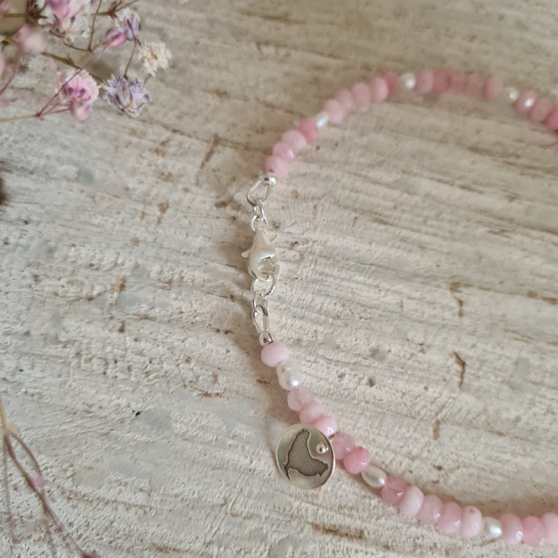 Ketting Pink Blossom, jade, parel, wit kattenoog