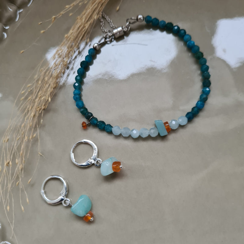 1 Oorring Blue River, amazoniet en oranje agaat