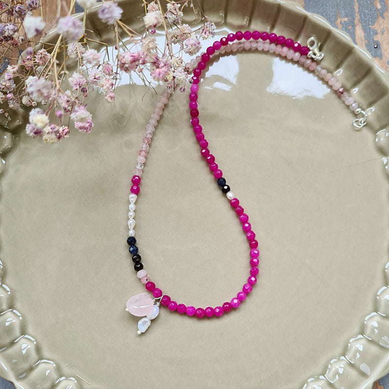 Ketting Sabine , jade, parel en rozekwarts