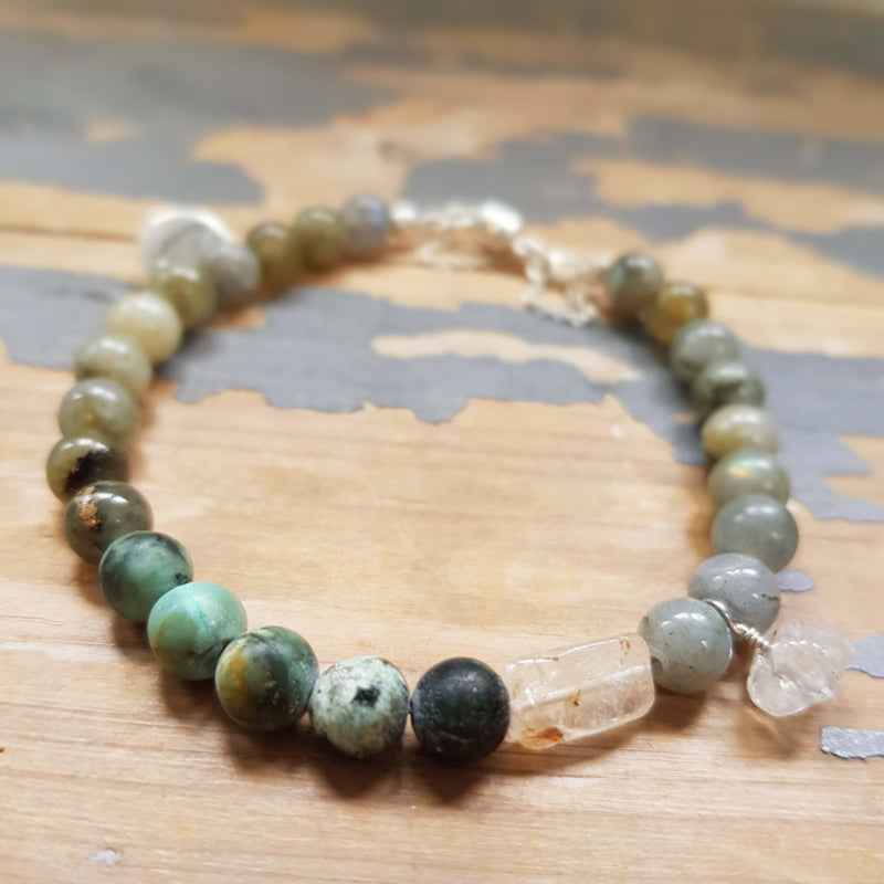 Armband Intuition , labradoriet en Afrikaans turquoise