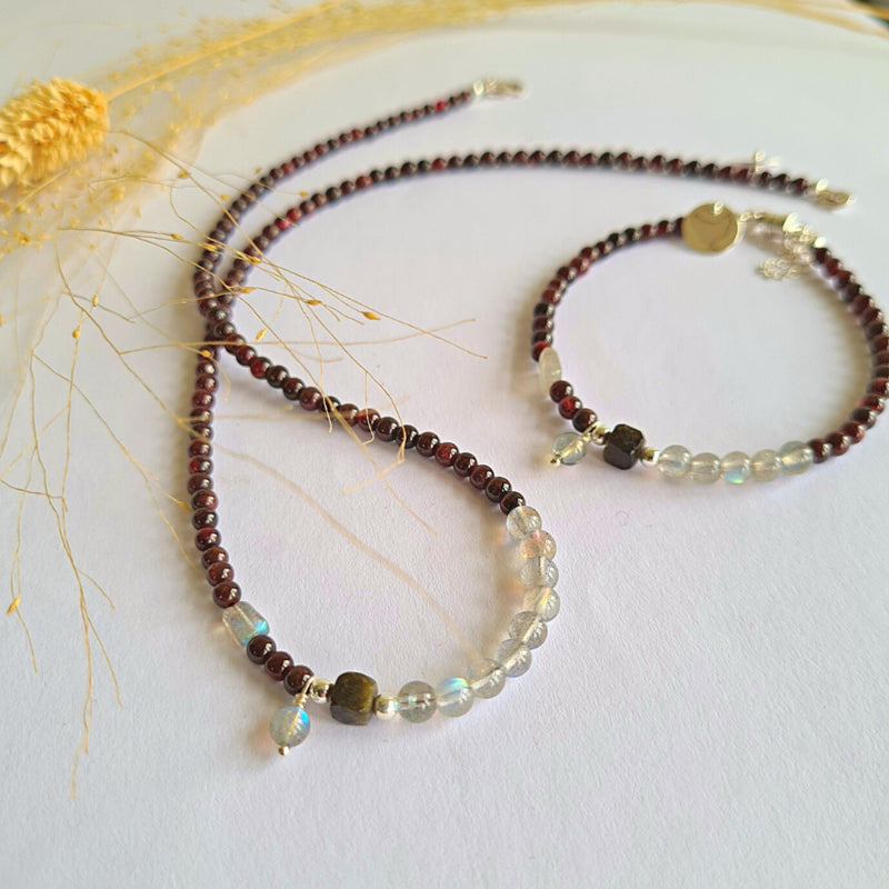 Armband Flows, granaat, obsidiaan en labradoriet