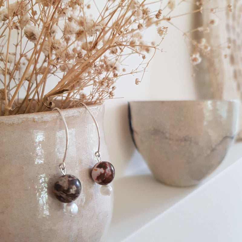 Oorbellen Marbles, jaspis en parel