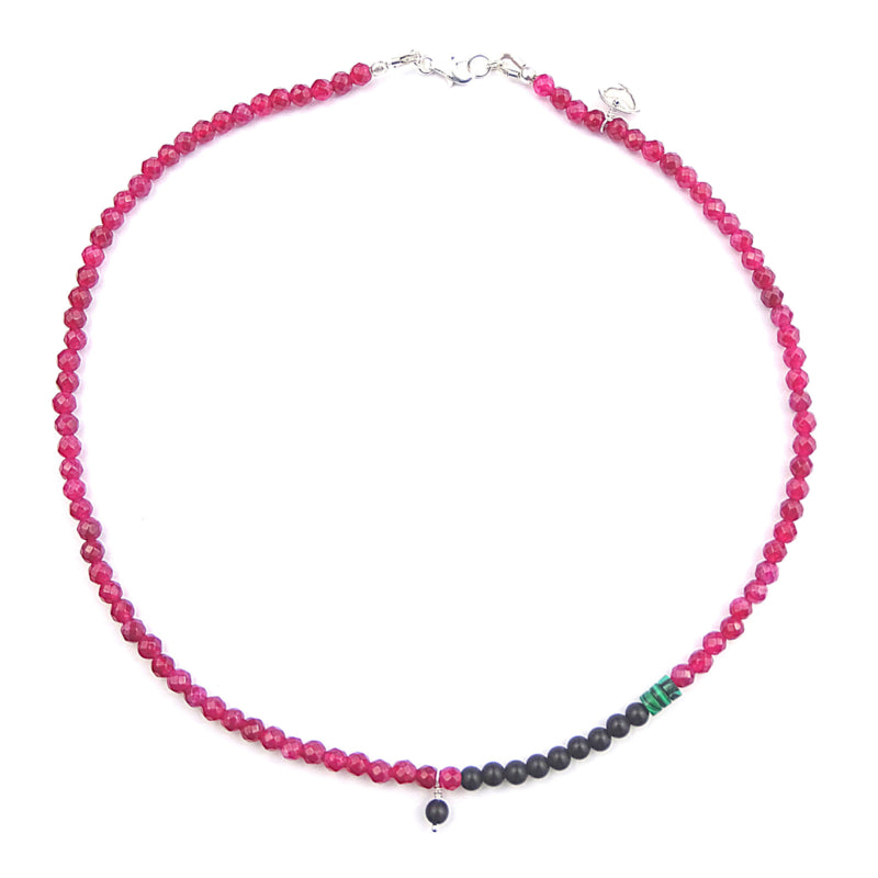 Ketting Fay, fuchsia roze jade, onyx en malachiet