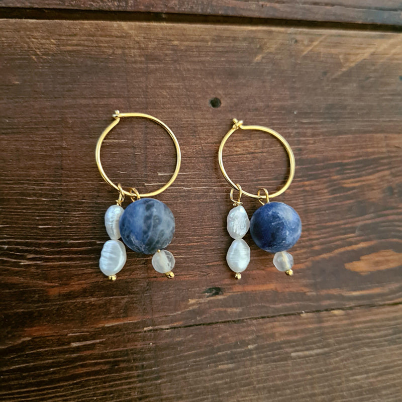 Oorbellen Blue Sisters, parel, rookkwarts