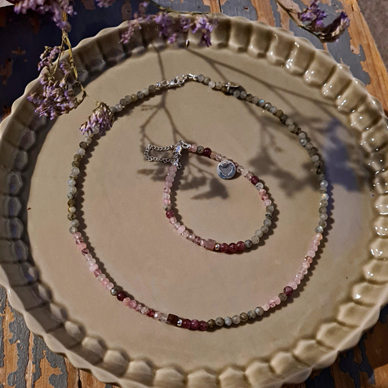 Ketting Perhaps, lepidoliet, rozekwarts en labradoriet