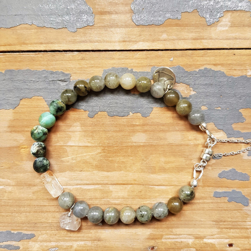 Armband Intuition , labradoriet en Afrikaans turquoise