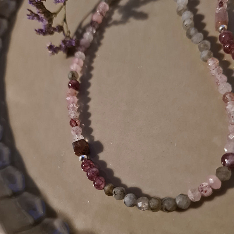 Ketting Perhaps, lepidoliet, rozekwarts en labradoriet