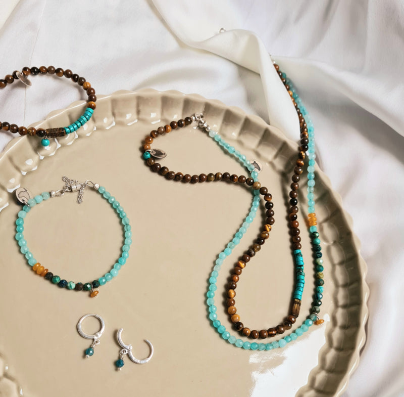Set Kettingen Amelie, tijgeroog, chrysocolla en agaat