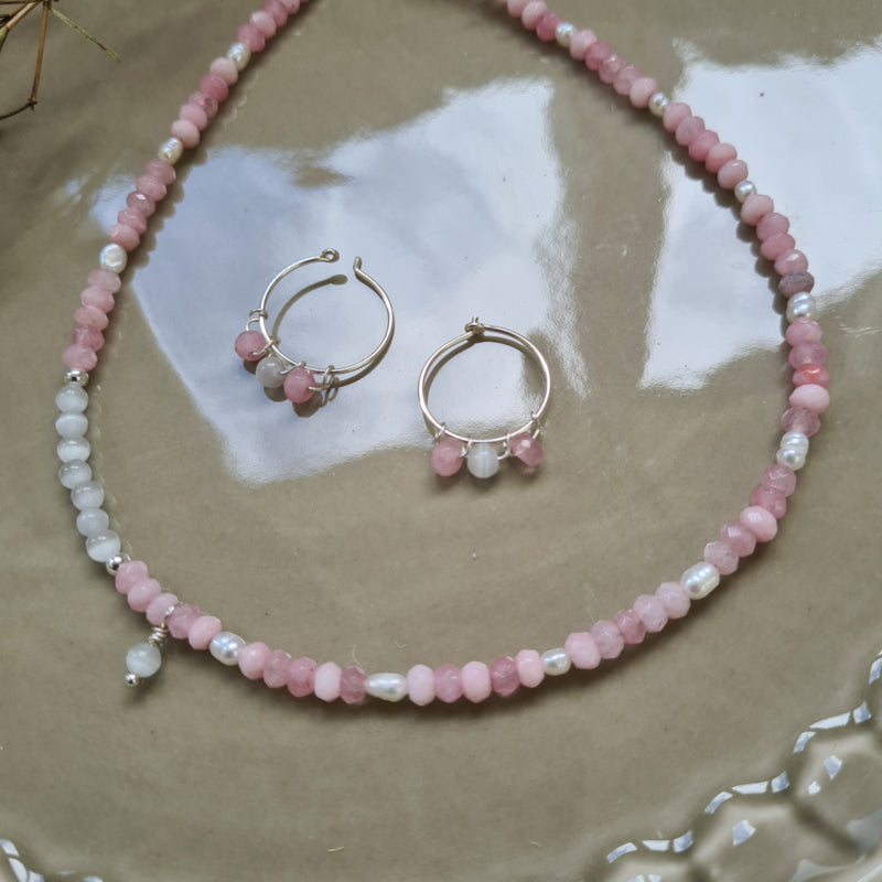 Ketting Pink Blossom, jade, parel, wit kattenoog