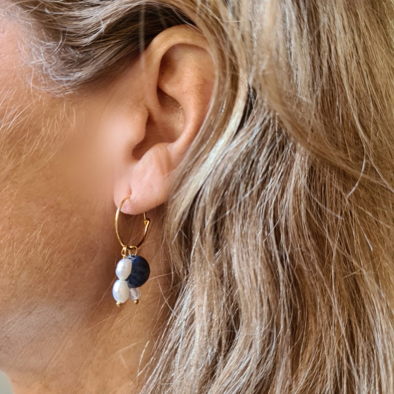 Oorbellen Blue Sisters, parel, rookkwarts