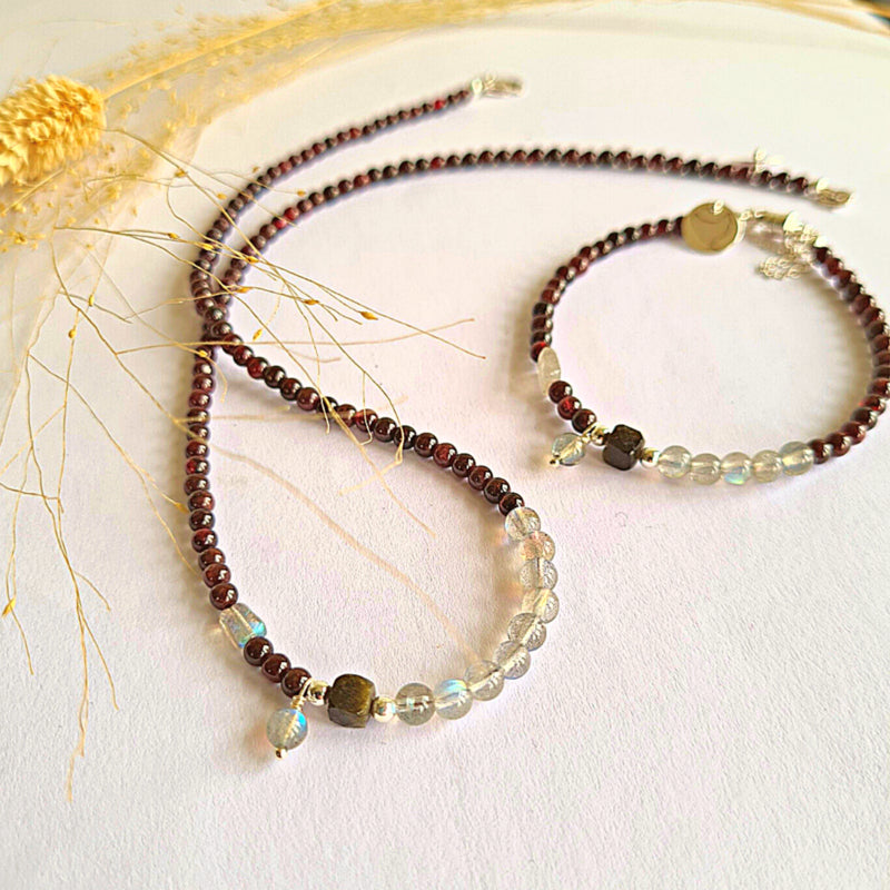 Ketting Flows, granaat, obsidiaan en labradoriet