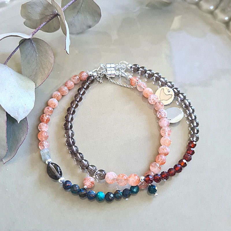 Armband Rose, rookkwarts, granaat, zonnesteen