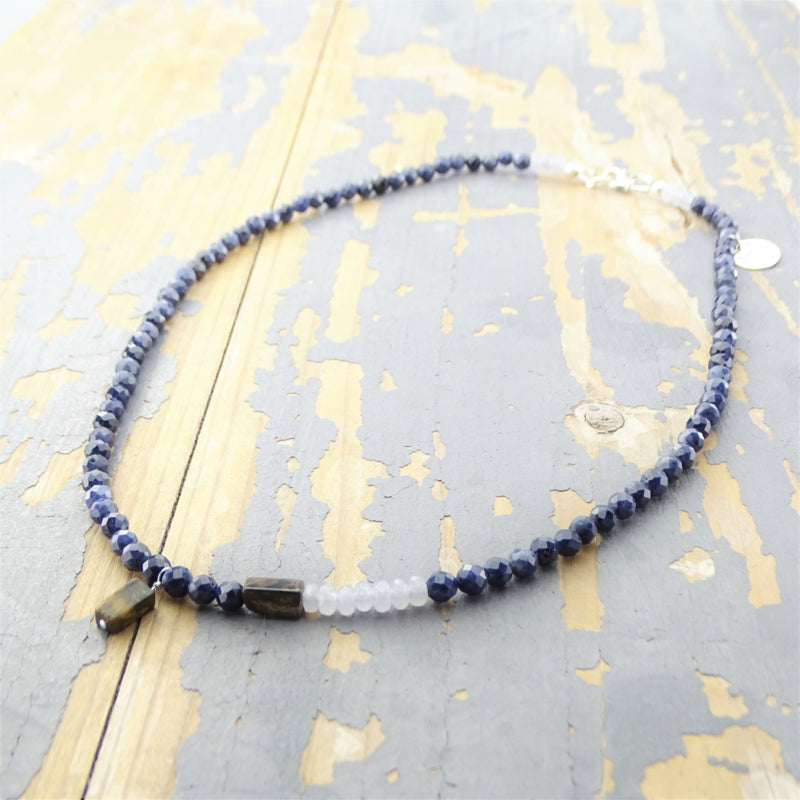 Ketting City Blues, saffier, agaat, tijgeroog