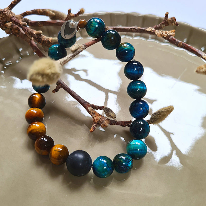 Unisex armband Hidden Blues, blauw en gouden tijgeroog en onyx