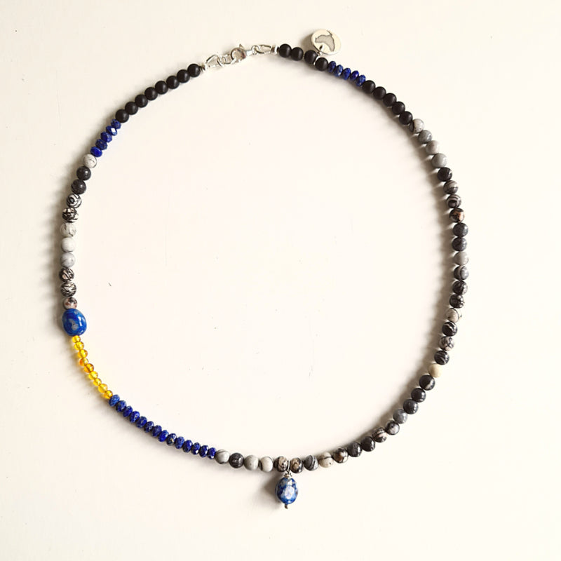 Ketting Shabby Blue, zebra jaspis, lapis lazuli, amber