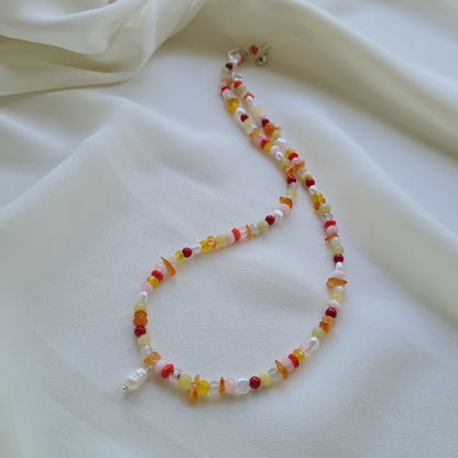 Ketting Adventure, koraal, parel, rozekwarts, carneool, agaat