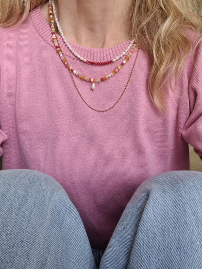 Ketting Adventure, koraal, parel, rozekwarts, carneool, agaat