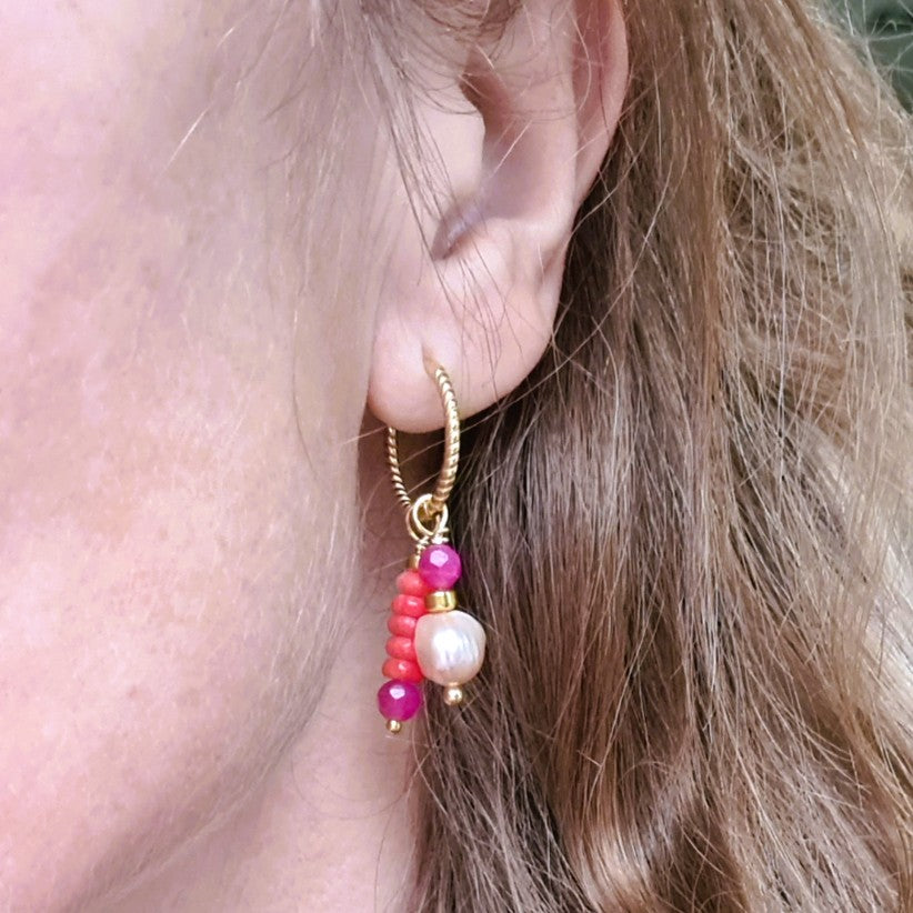 Oorbellen Double love, roze parel, koraal