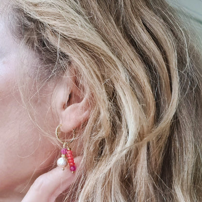 Oorbellen Double love, roze parel, koraal